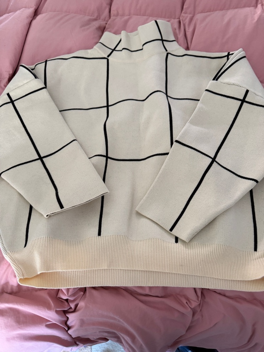 Chicwish Cream Turtleneck Sweater with Black Windowpane Grid